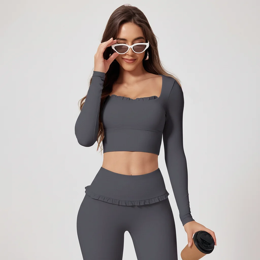 2-Piece Frill Yoga Set Women High Waist Tummy Control Flared Pants Long Sleeve Top Activewear Gym Running Classic Dark Grey