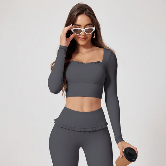 2-Piece Frill Yoga Set Women High Waist Tummy Control Flared Pants Long Sleeve Top Activewear Gym Running Classic Dark Grey