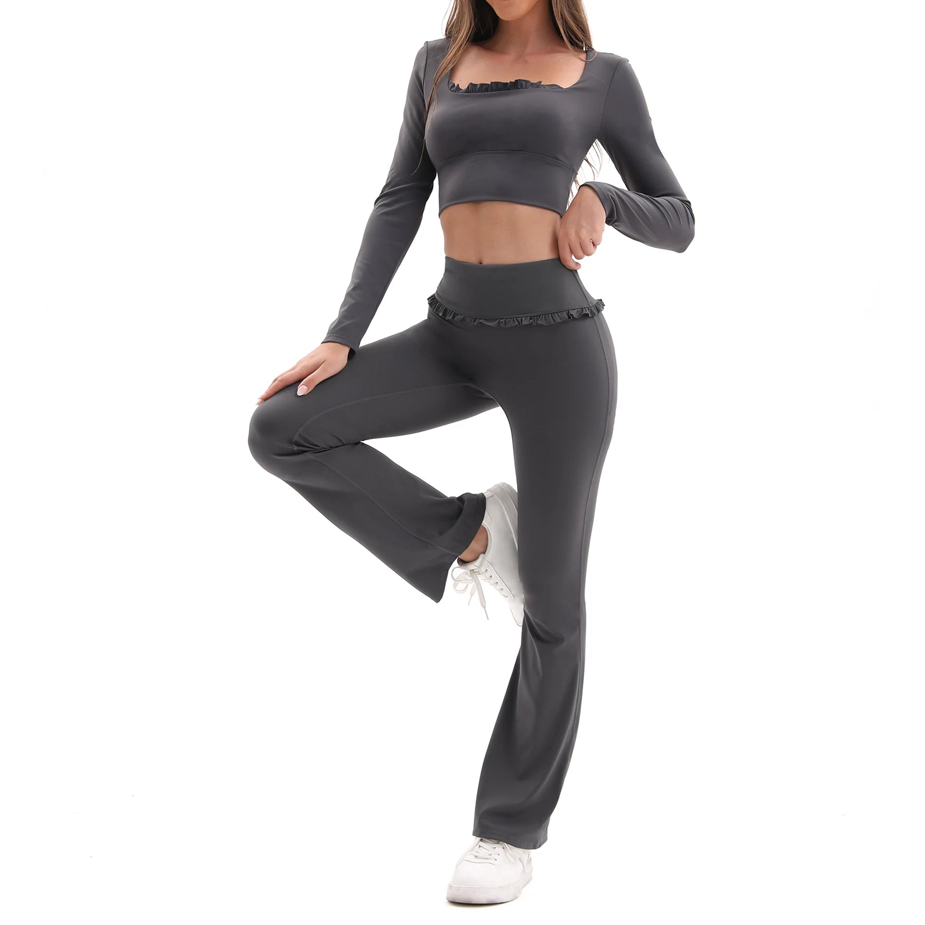 2-Piece Frill Yoga Set Women High Waist Tummy Control Flared Pants Long Sleeve Top Activewear Gym Running Classic Dark Grey